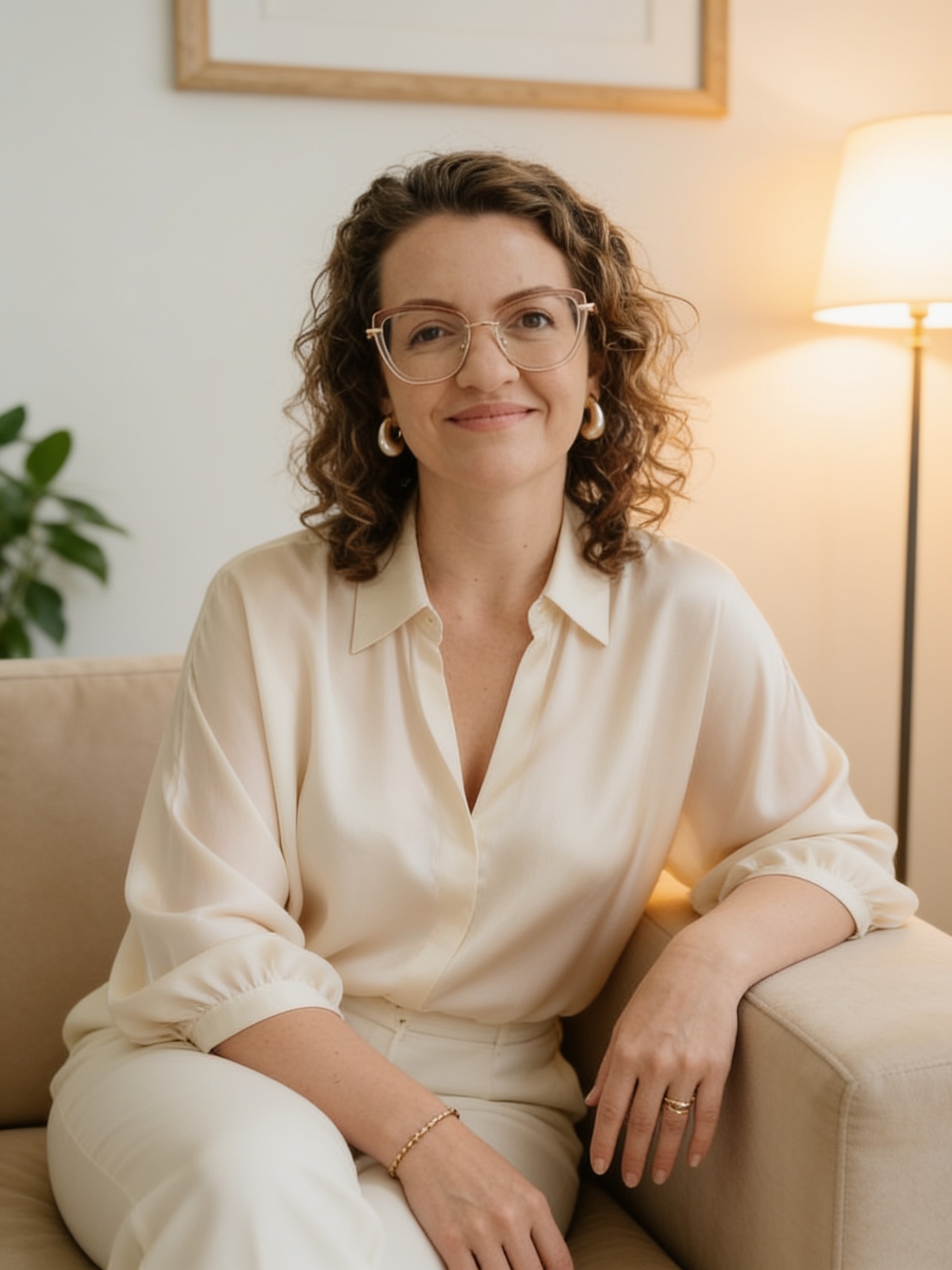 Carla Lauer, psicóloga de relacionamentos, sentada em um ambiente acolhedor de consultório